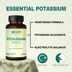 Vitamin World potassium label front highlighting 99 mg per caplet for daily use