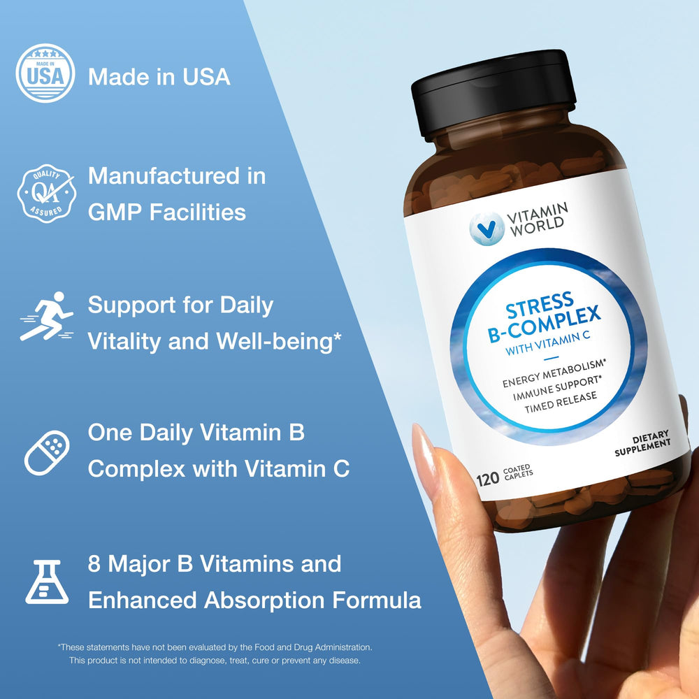 Vitamin World Stress B Complex bottle on a clean counter for daily wellness and focus.