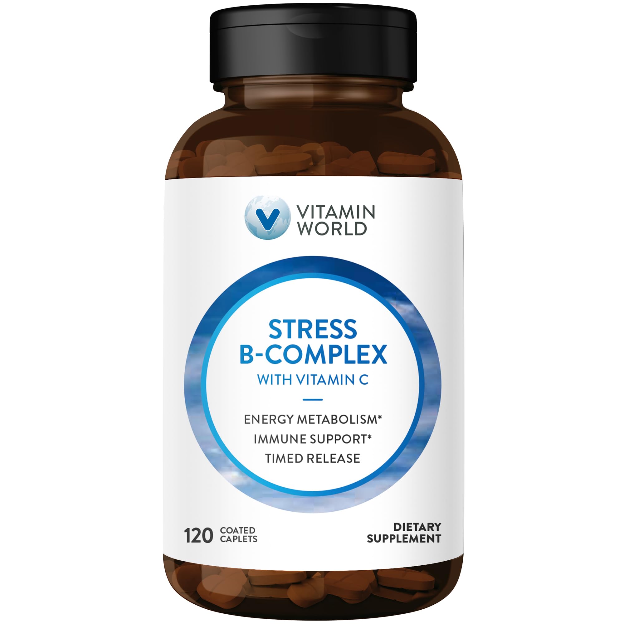 Vitamin World Stress B Complex bottle pour showing caplets for daily energy support.