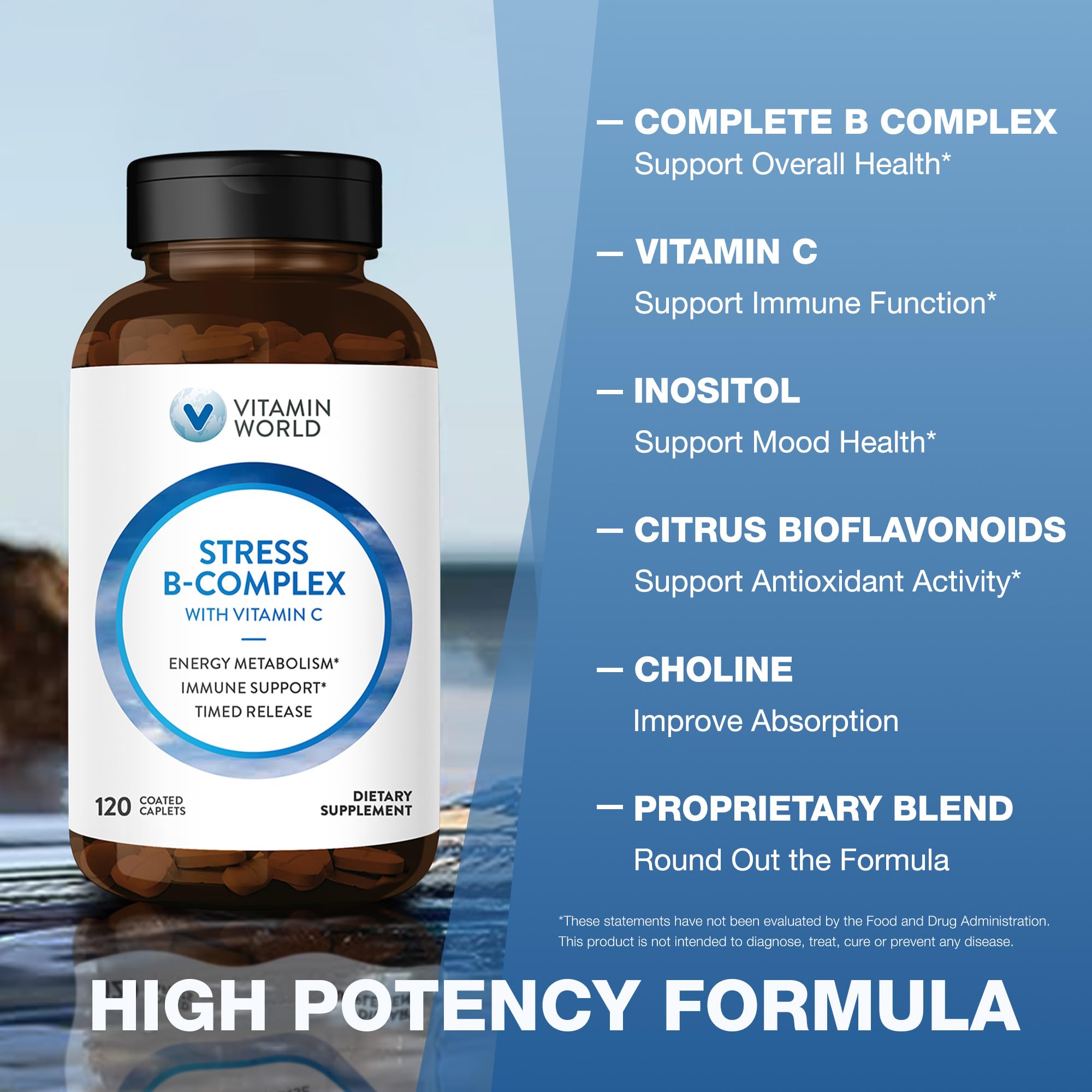 Vitamin World Stress B Complex caplets in a blister pack close-up for convenient daily use.