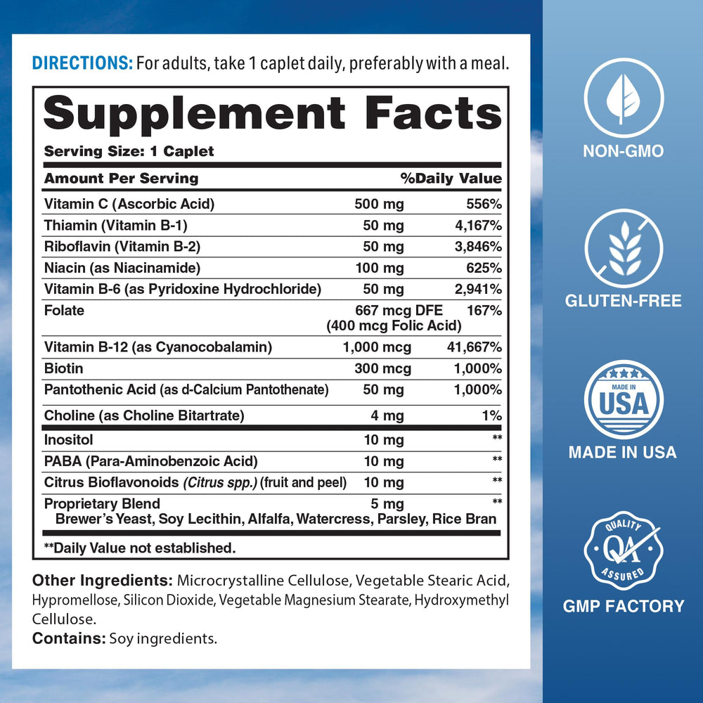 Vitamin World Stress B Complex tablets close-up highlighting timed-release formula for steady absorption.