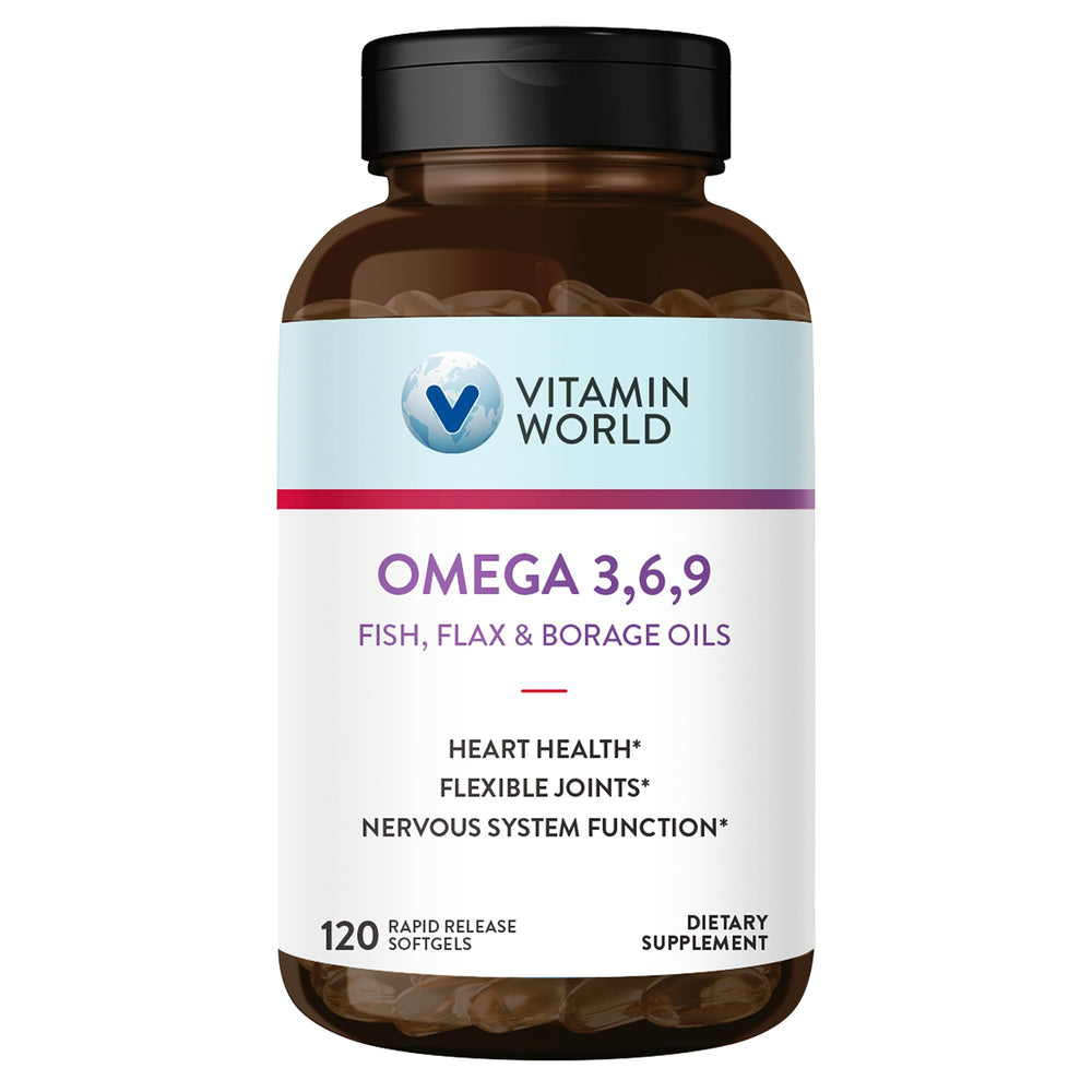 Vitamin World Triple Omega 3-6-9 bottle supports heart health