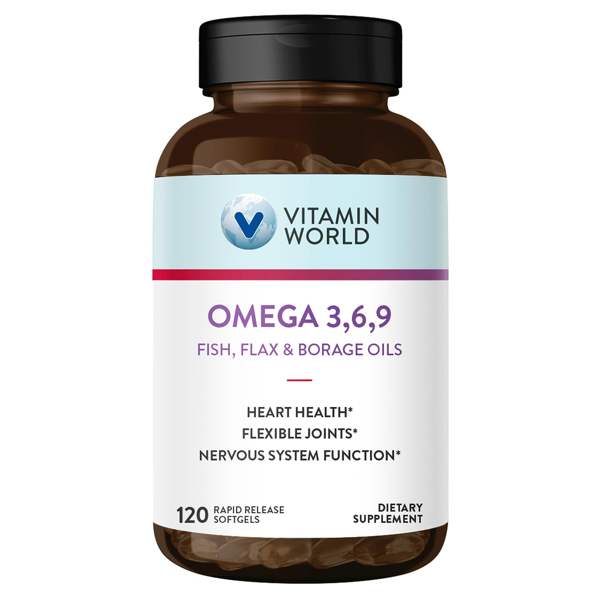 Vitamin World Triple Omega 3-6-9 bottle supports heart health