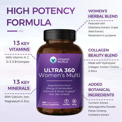 Vitamin World Ultra 360 capsules illustrate hair, skin, and nails support