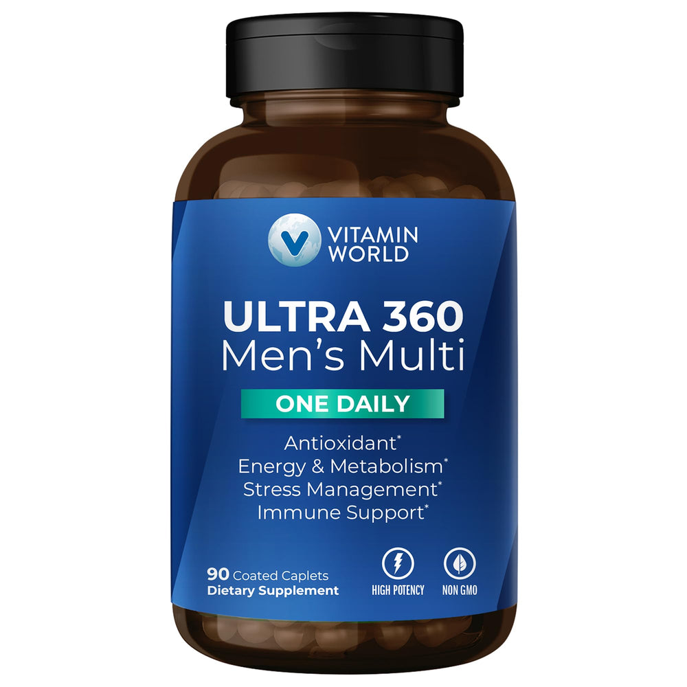 Vitamin World Ultra 360 Men bottle showing daily multivitamin caplets for immune support
