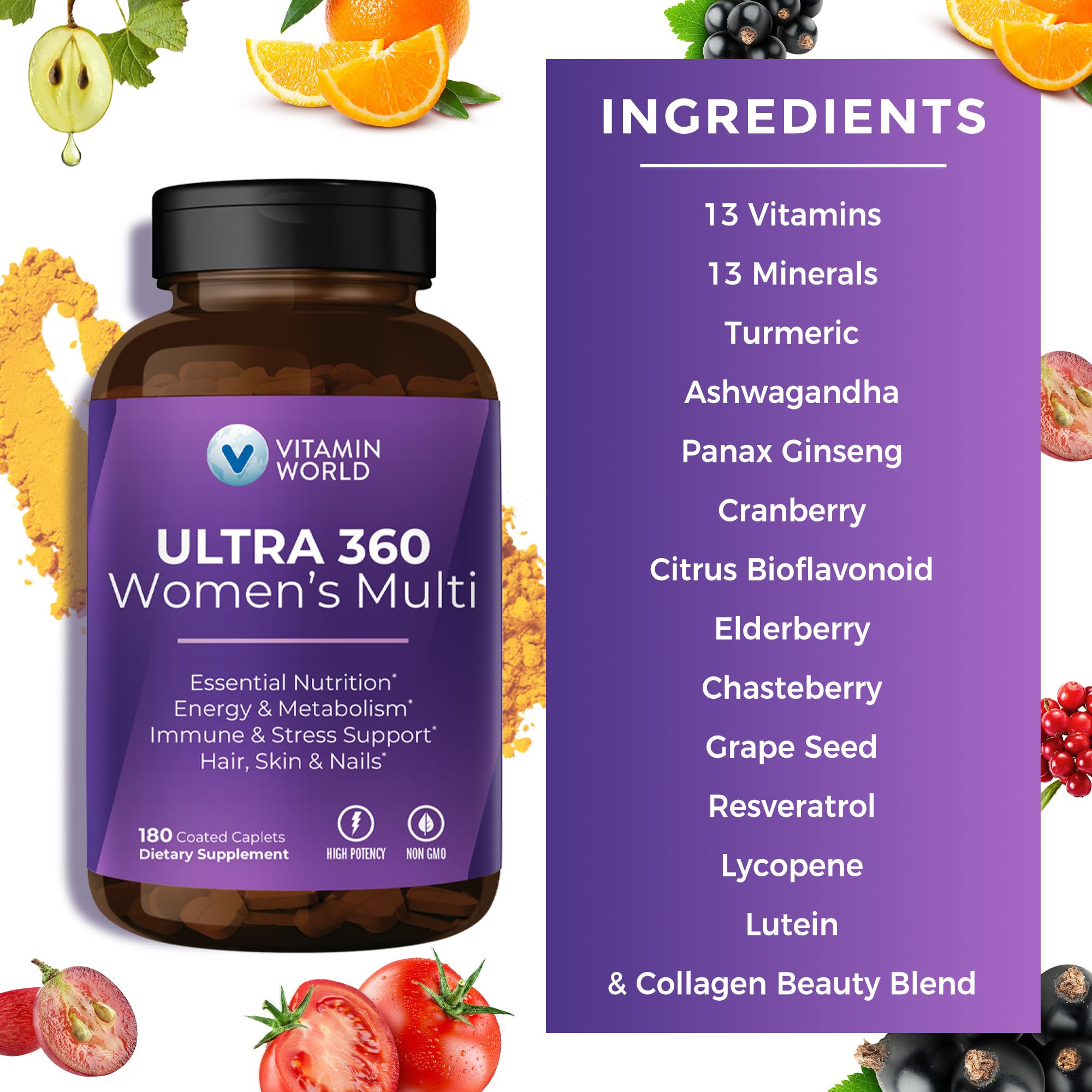 Vitamin World Ultra 360 two caplets on neutral background with label visible