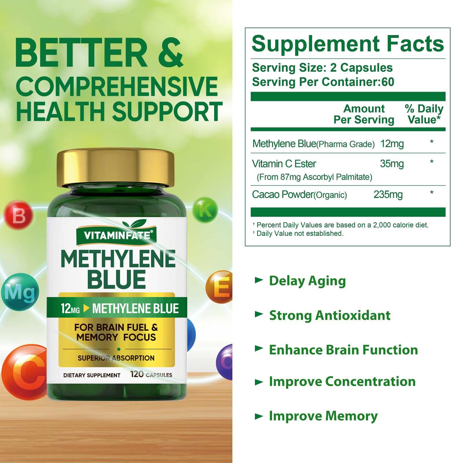 Vitaminfate Methylene Blue bottle label highlighting USP-grade quality and purity.