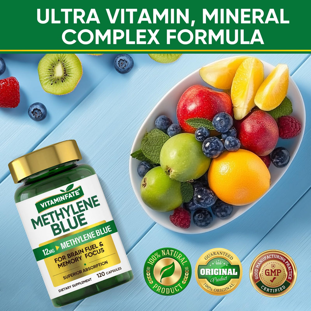 Vitaminfate Methylene Blue daily-serving two capsules for sustained brain support.