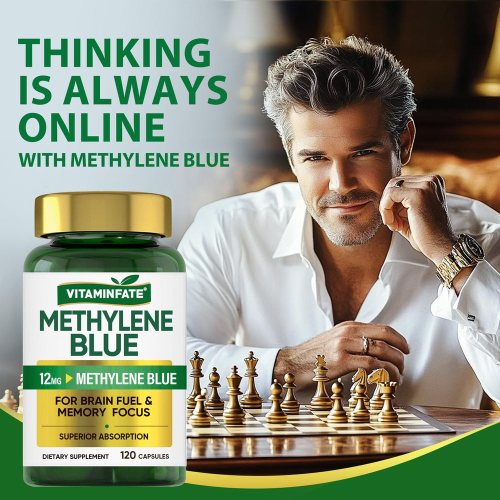 Vitaminfate Methylene Blue USP-grade seal emphasizing quality and purity.