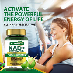VITAMINFATE NAD+ bottle back with supplement facts and antioxidant support.