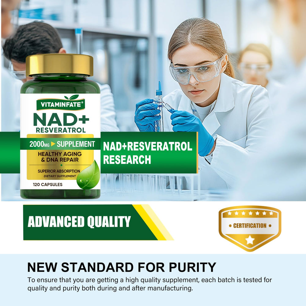 VITAMINFATE NAD+ label close-up highlighting ingredients and Resveratrol benefits.