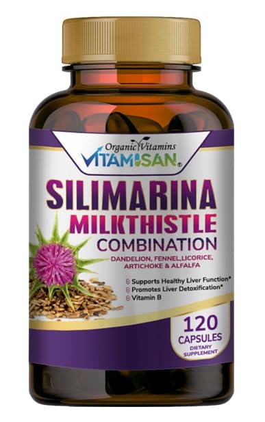 VITAMISAN Milk Thistle bottle close-up showing label and liver support potential.