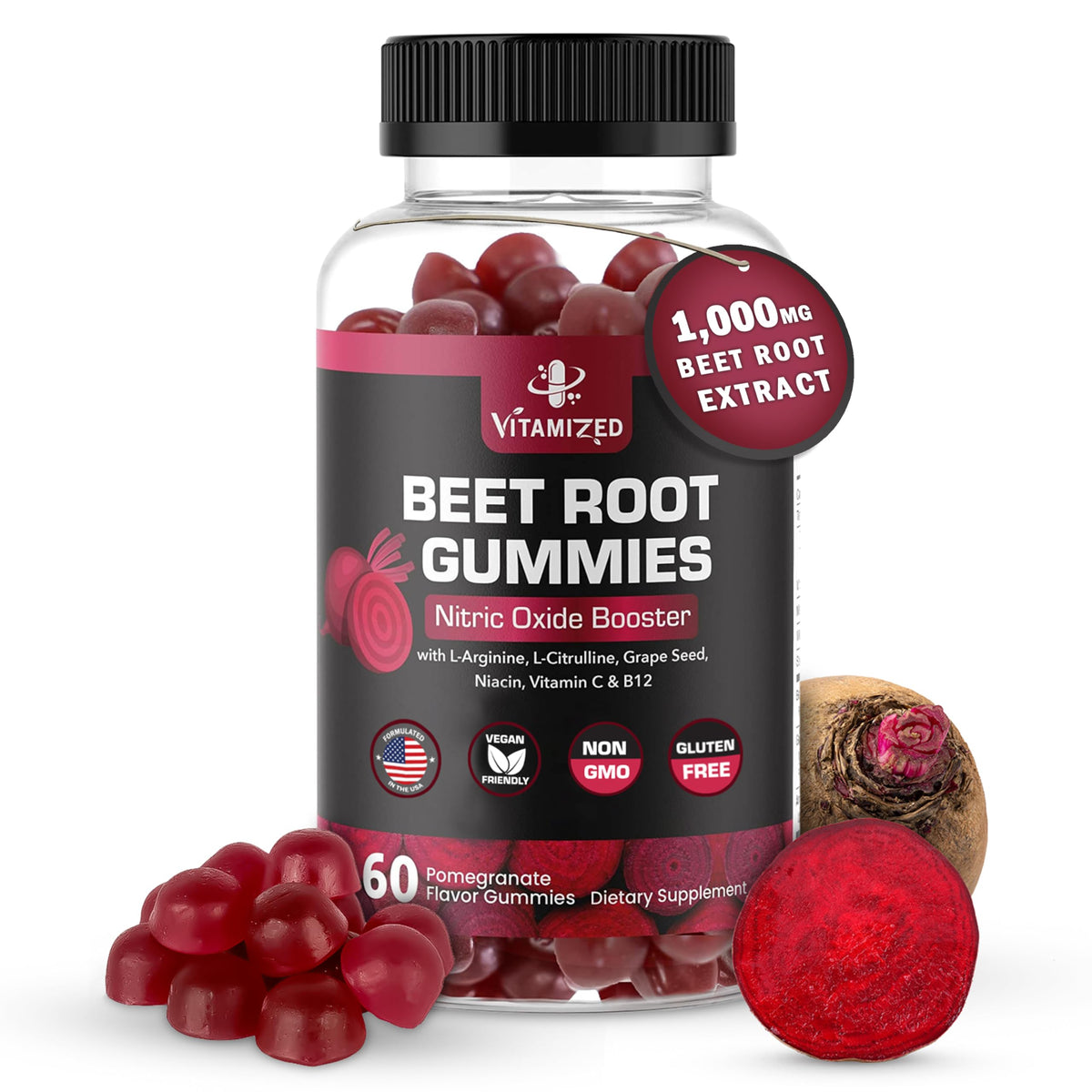 VITAMIZED Beet Root Gummies bottle with 60 chews for daily vitality