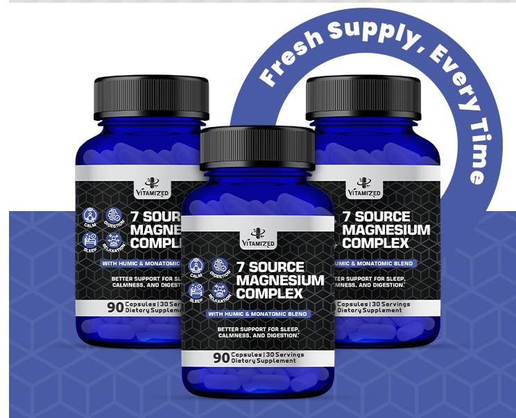 VITAMIZED Magnesium Complex pouring shot shows easy-to-swallow capsules.