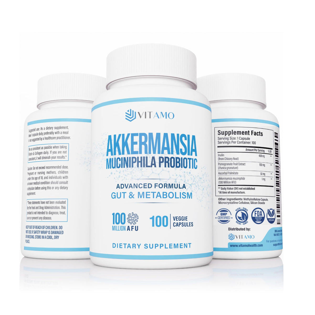 Vitamo Akkermansia bottle front showing packaging for daily gut health support