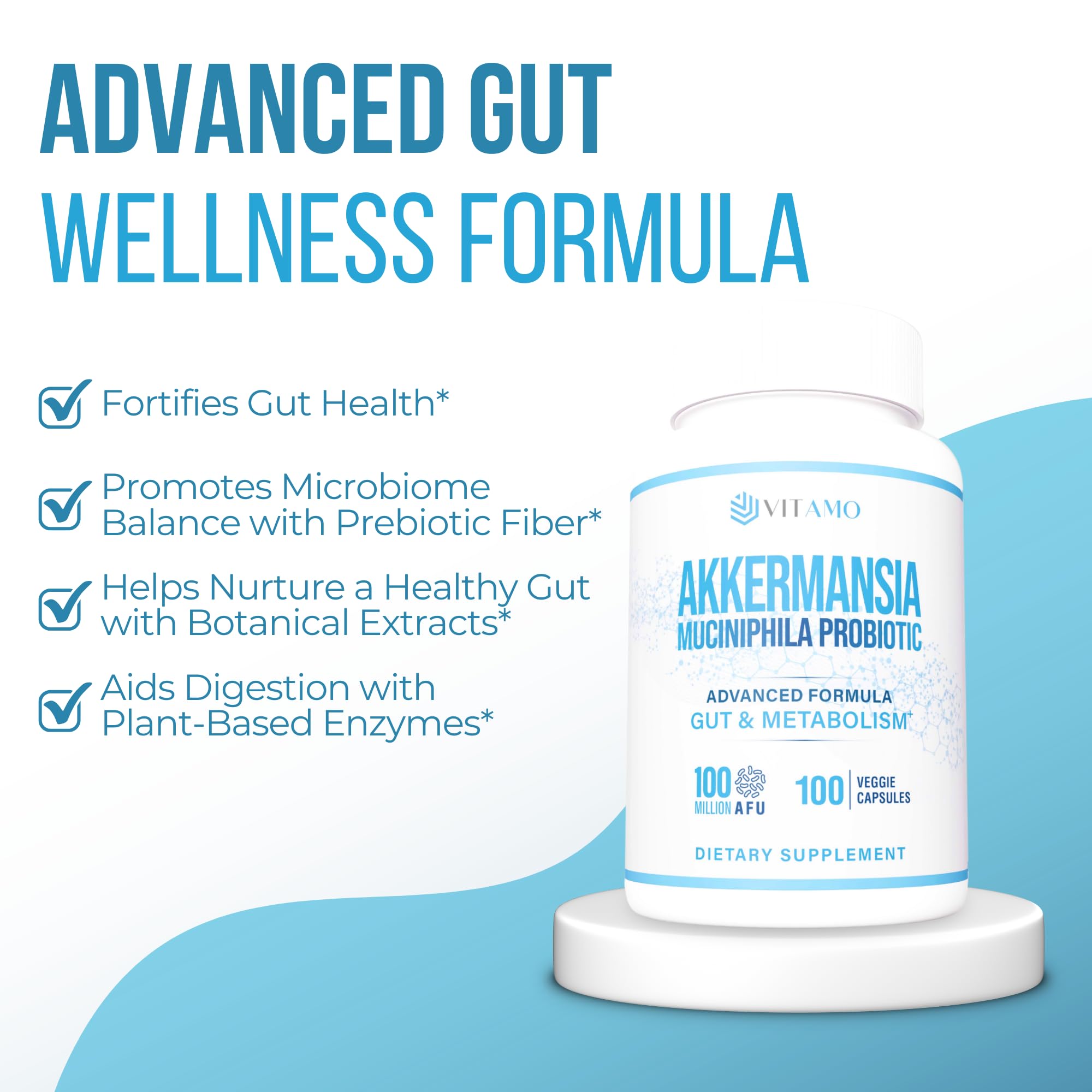 Vitamo Akkermansia bottle label with ingredients and dosage guidance for informed use
