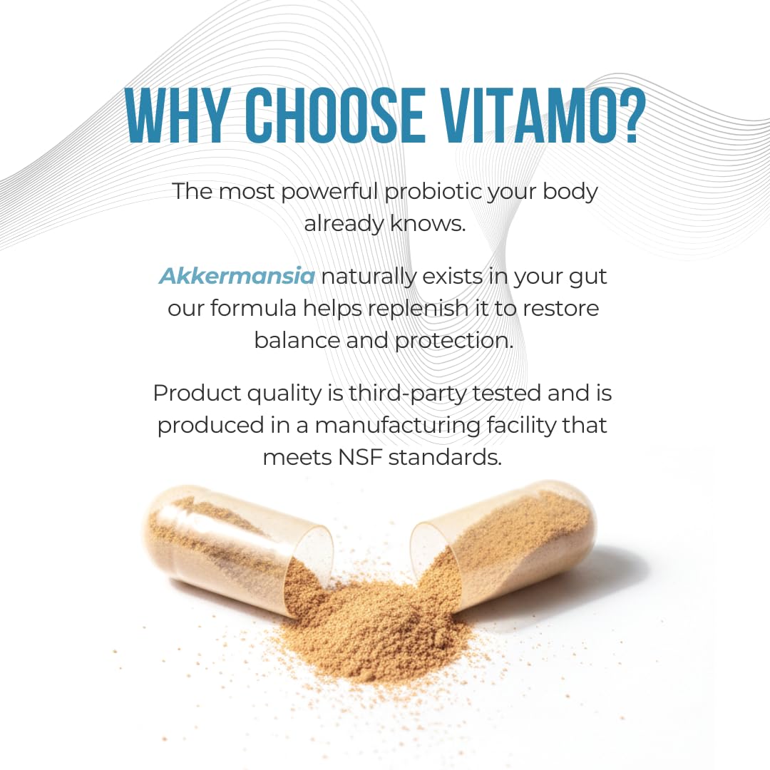Vitamo Akkermansia capsules in hand suggesting easy daily supplementation