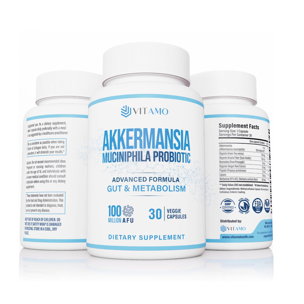 Vitamo Akkermansia probiotic bottle supports gut health and microbiome balance.
