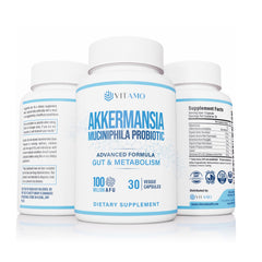 Vitamo Akkermansia probiotic bottle supports gut health and microbiome balance.