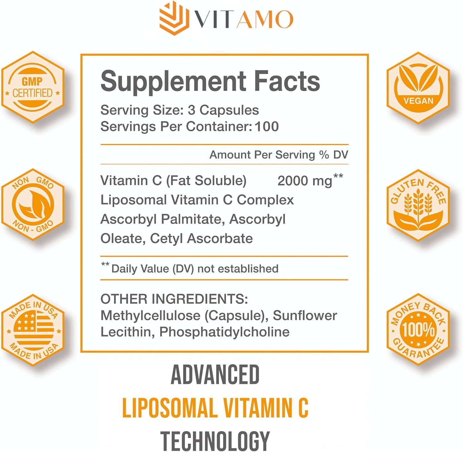 Vitamo Liposomal Vitamin C 2000mg bottle label shows non-GMO ingredients