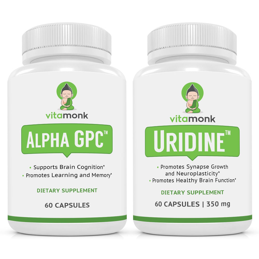 VitaMonk Alpha GPC Uridine Stack bottle shown for cognitive support and focus.