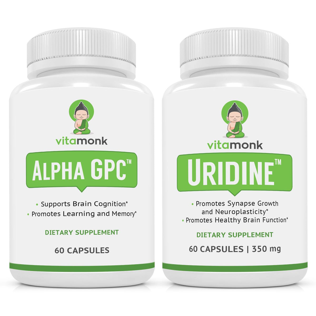 VitaMonk Alpha GPC Uridine Stack bottle shown for cognitive support and focus.