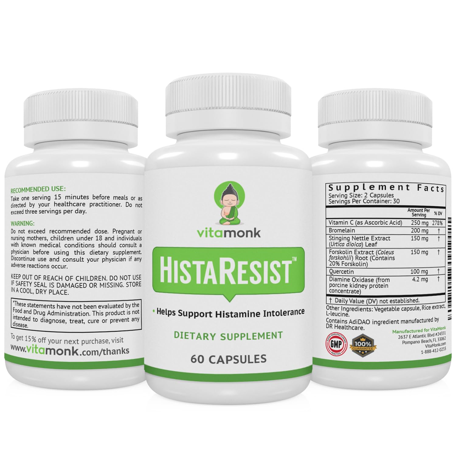 VitaMonk HistaResist bottle with label detail signals quality and reliability.