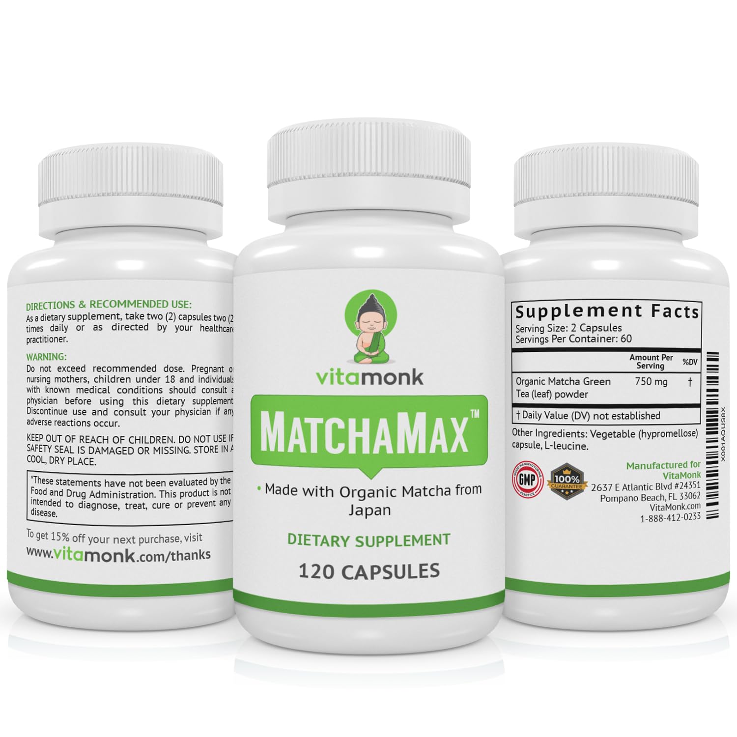VitaMonk MATCHAMAX ingredients label closeup emphasizing pure organic matcha content