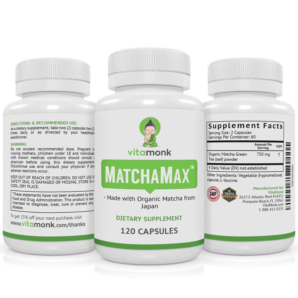 VitaMonk MATCHAMAX ingredients label closeup emphasizing pure organic matcha content