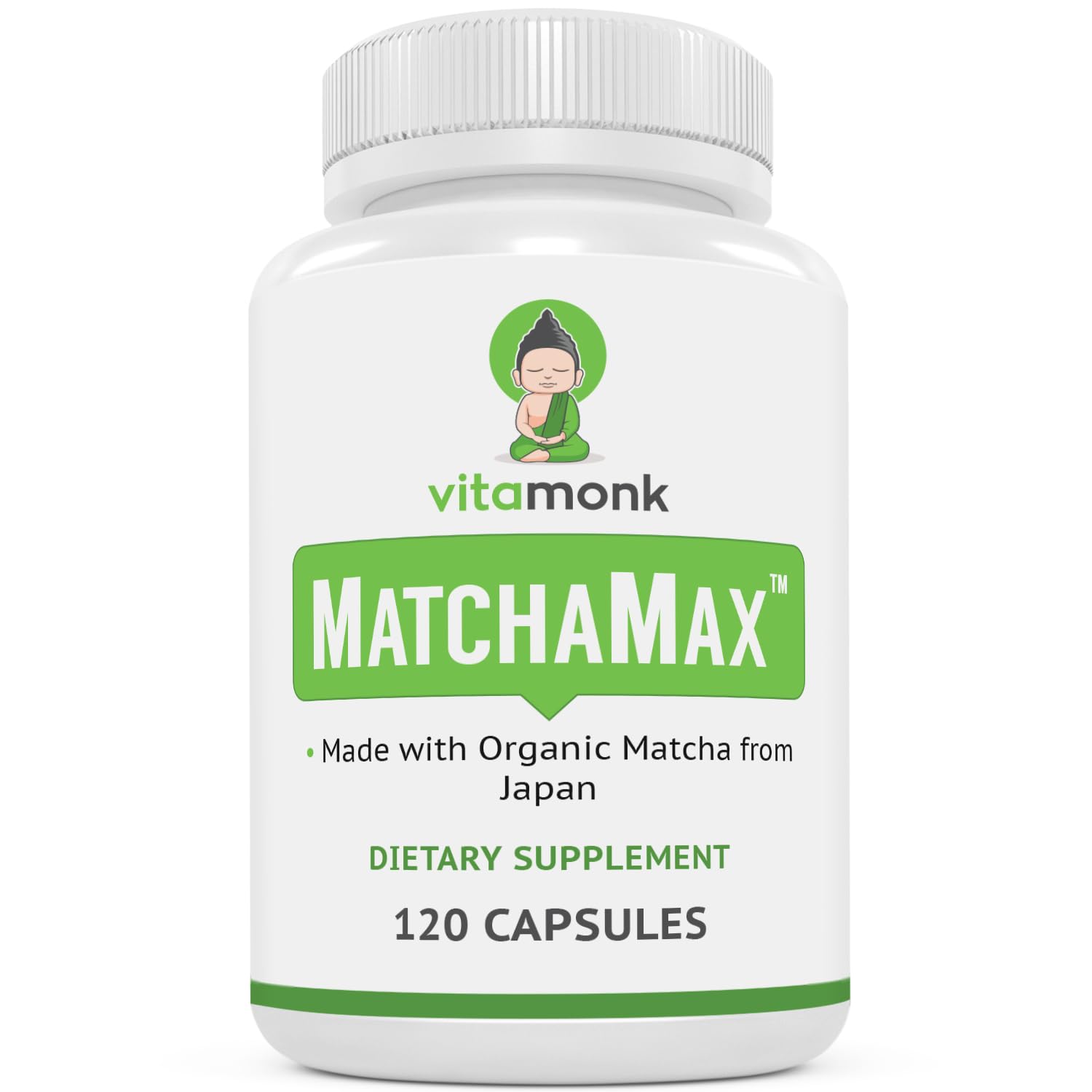 VitaMonk MATCHAMAX organic matcha capsules bottle closeup for natural energy and focus