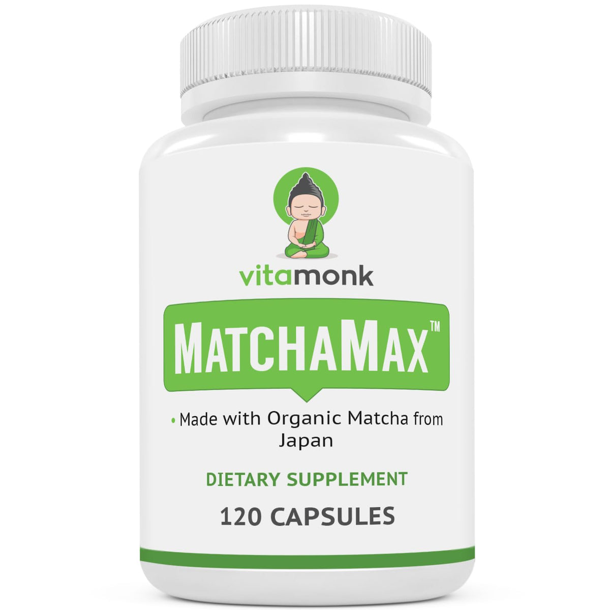 VitaMonk MATCHAMAX organic matcha capsules bottle closeup for natural energy and focus