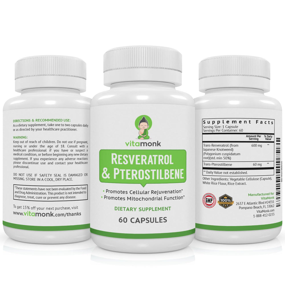 VitaMonk Resveratrol packaging and supplementary information on back label.