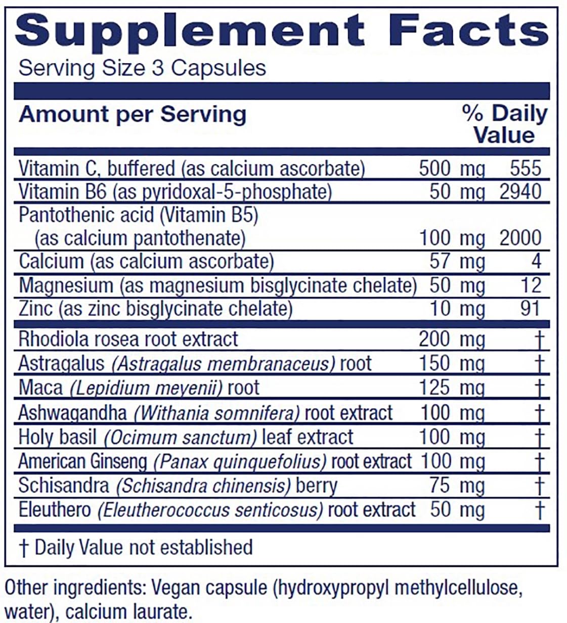 Vitanica Adrenal Assist bottle back shows ingredients for daily use