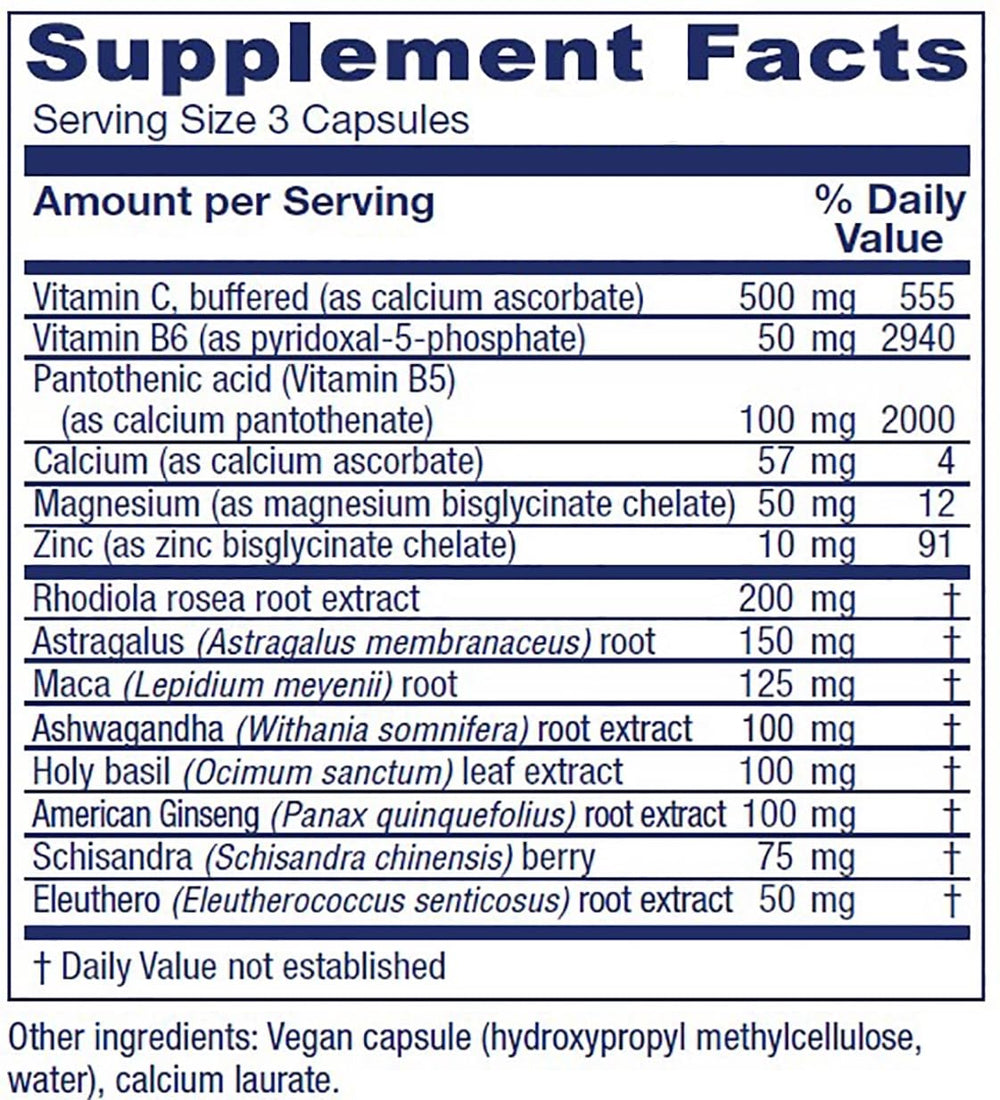 Vitanica Adrenal Assist bottle back shows ingredients for daily use