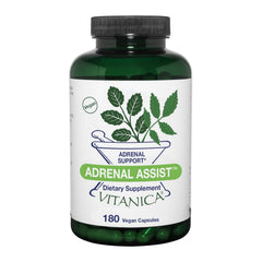 Vitanica Adrenal Assist bottle front view highlighting vegan adrenal support formula