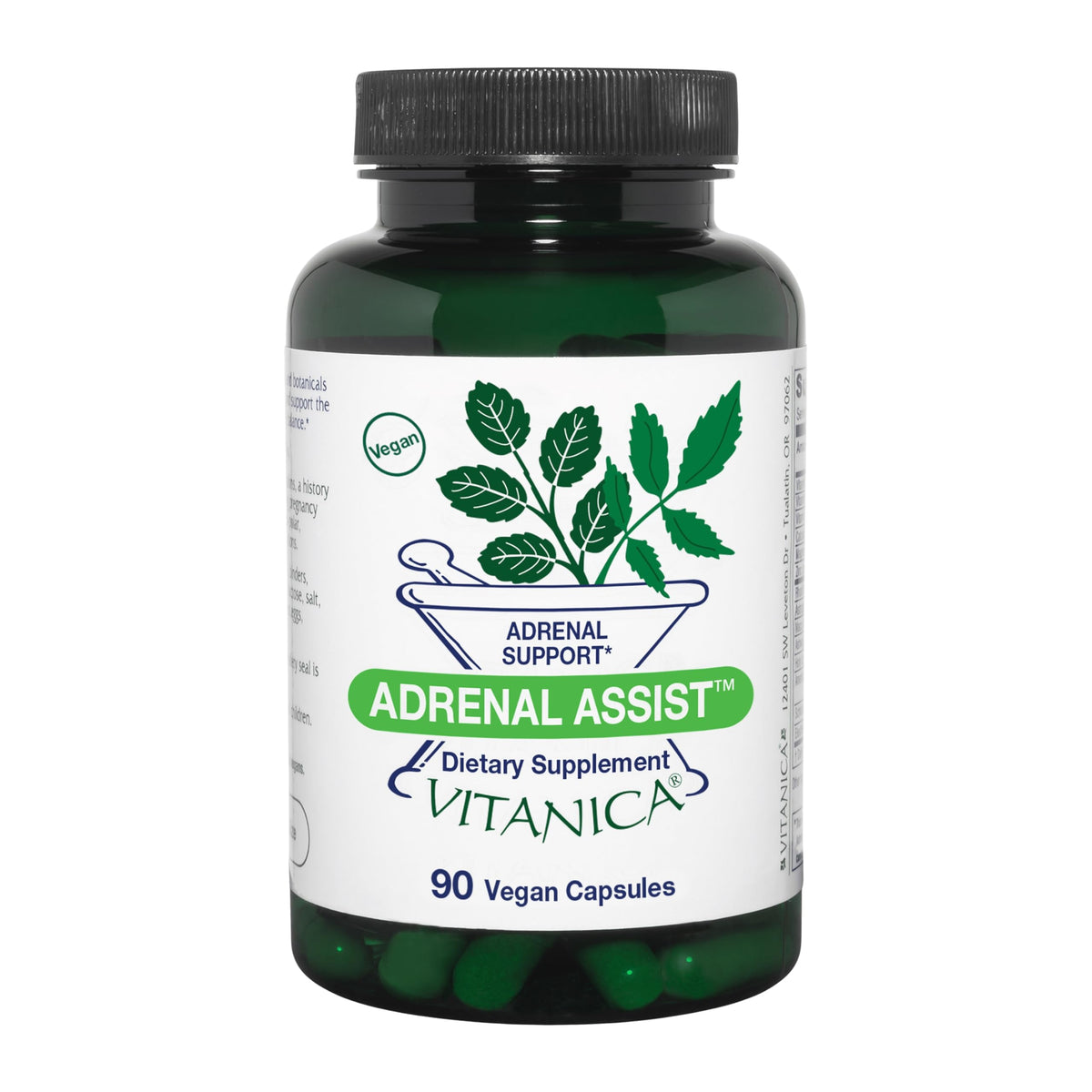 Vitanica Adrenal Assist bottle shown for daily vegan adrenal support