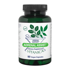 Vitanica Adrenal Assist bottle shown for daily vegan adrenal support