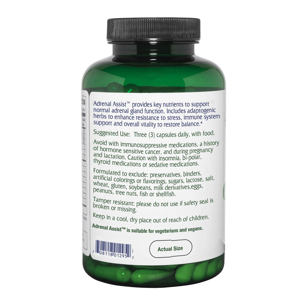 Vitanica Adrenal Assist capsules closeup emphasizing vegan tablets