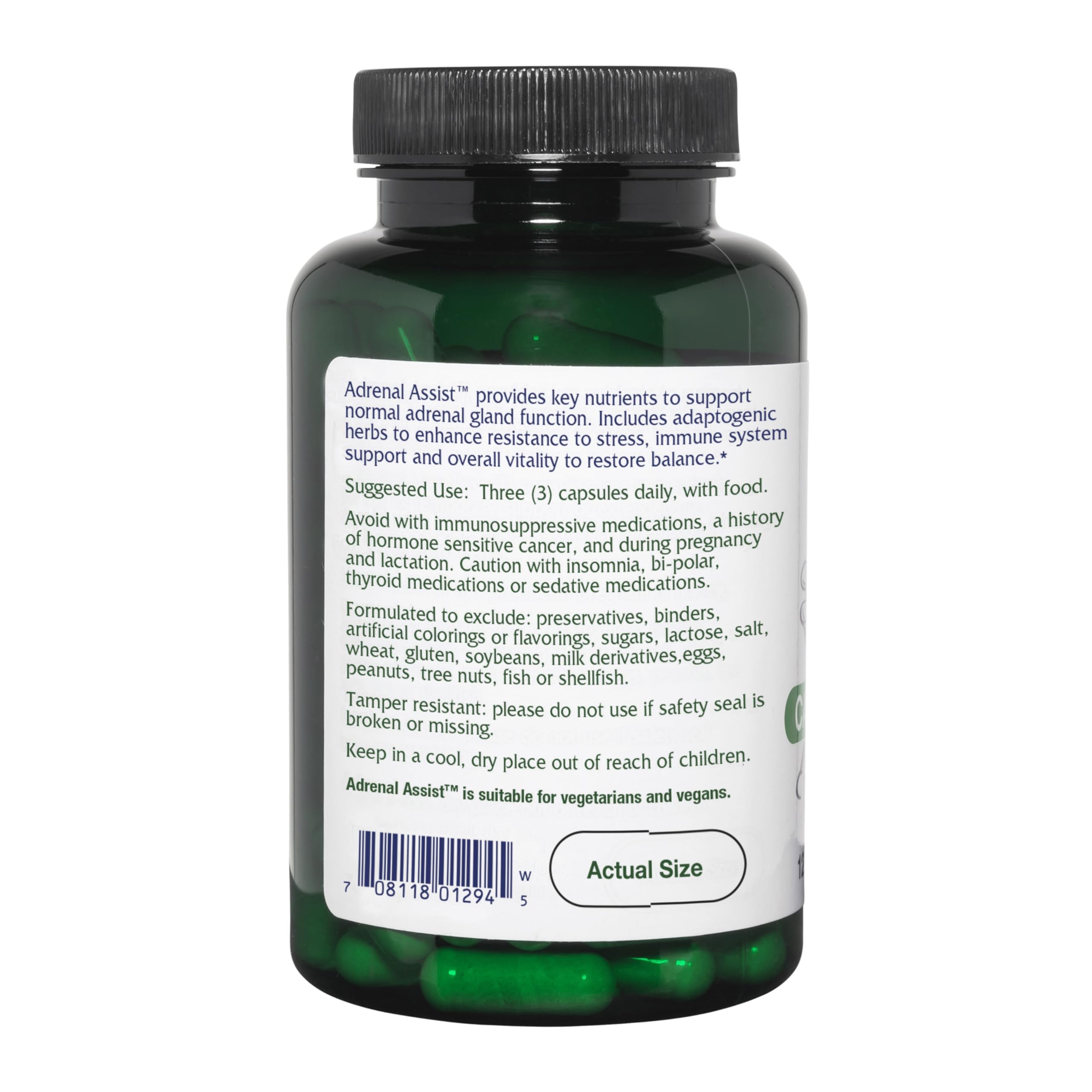 Ingredients label featuring B vitamins, zinc, and minerals for adrenal support