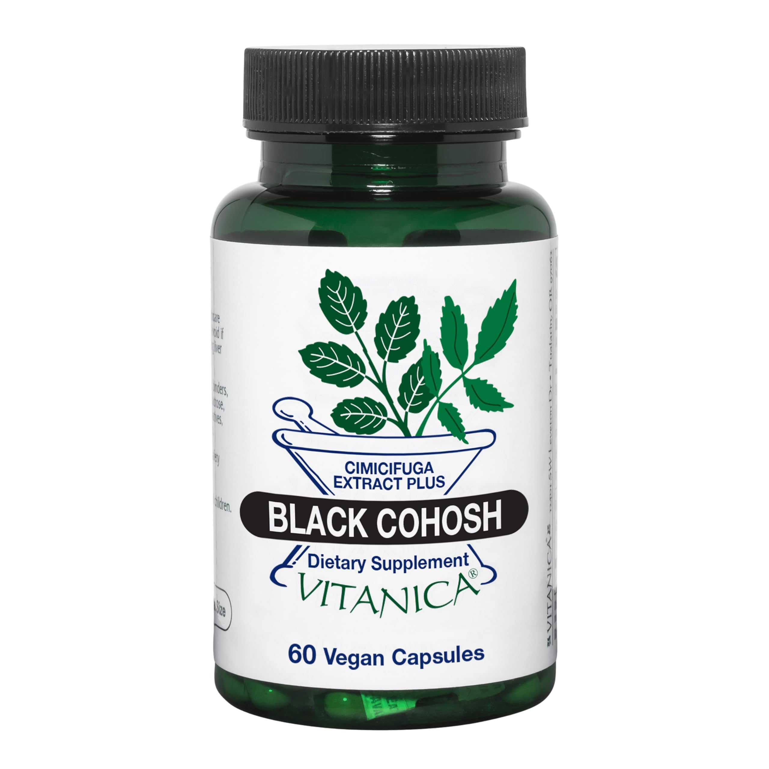 Vitanica Black Cohosh bottle front with vegan capsules for menopause support