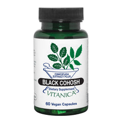 Vitanica Black Cohosh bottle front with vegan capsules for menopause support