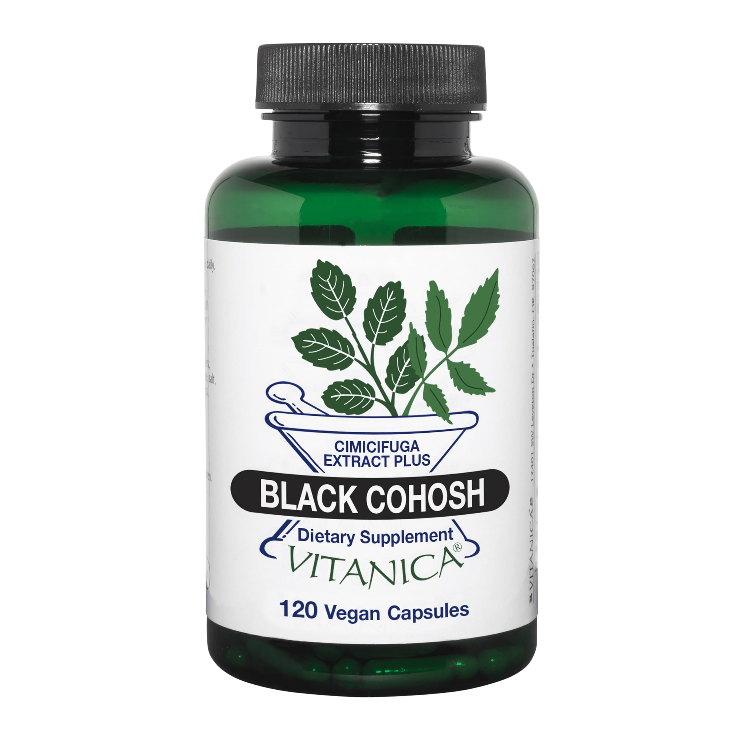 Vitanica Black Cohosh bottle close-up highlighting vegan formula for wellness.