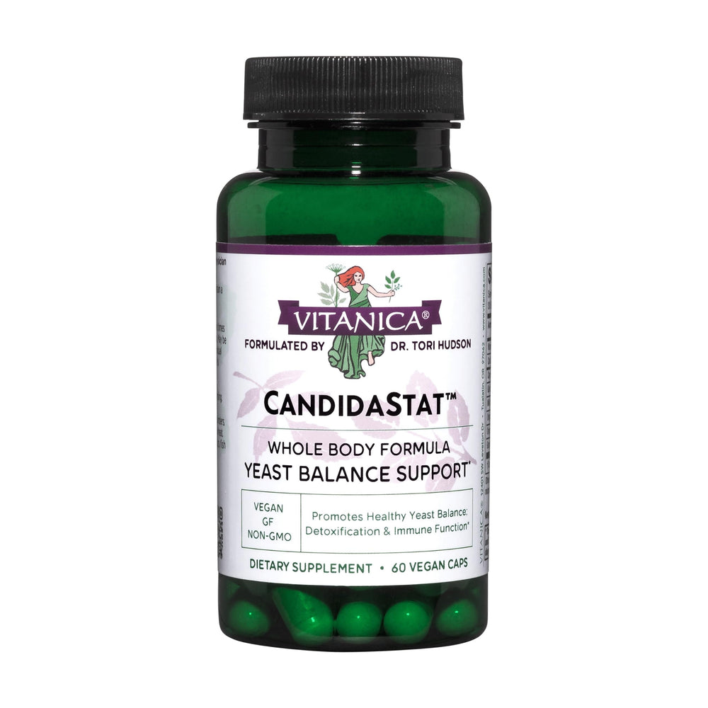 Vitanica Candidastat balanced bottle closeup for vegan wellness support.