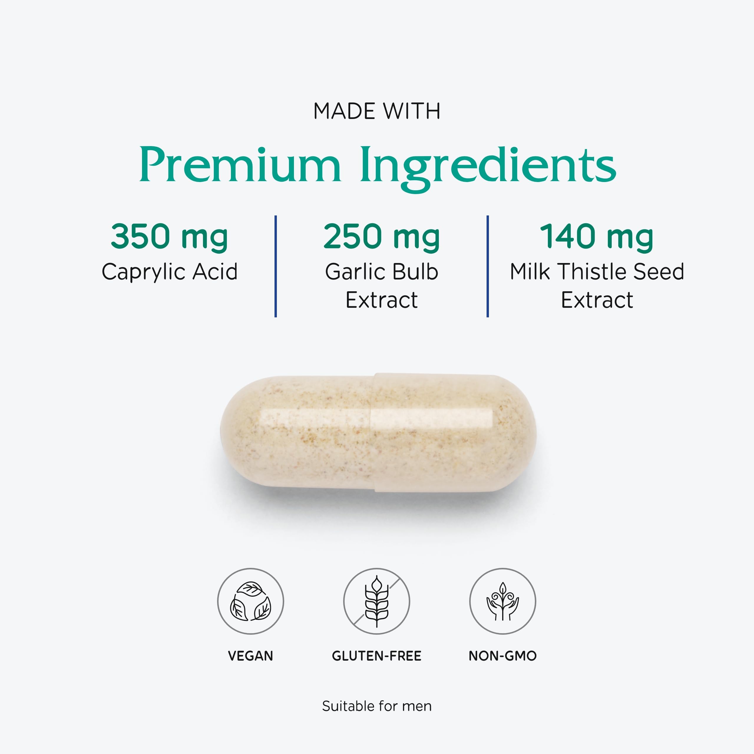 Ingredients graphic shows Caprylic acid and garlic extract components.