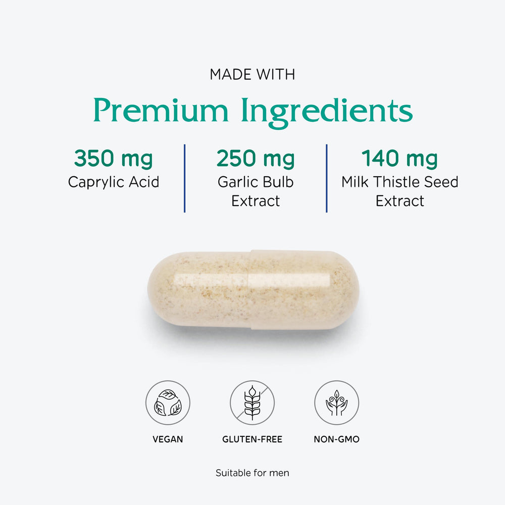 Ingredients graphic shows Caprylic acid and garlic extract components.