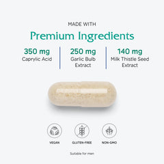 Ingredients graphic shows Caprylic acid and garlic extract components.