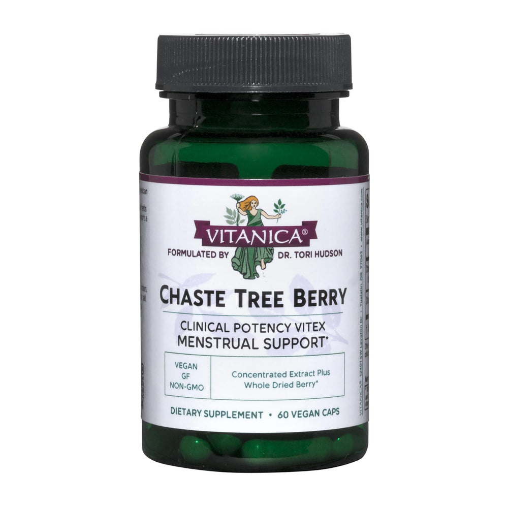 Vitanica Chaste Tree Berry bottle front signals hormone support for menstrual health.