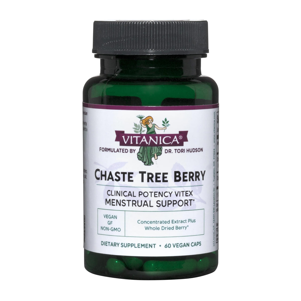Vitanica Chaste Tree Berry bottle front signals hormone support for menstrual health.