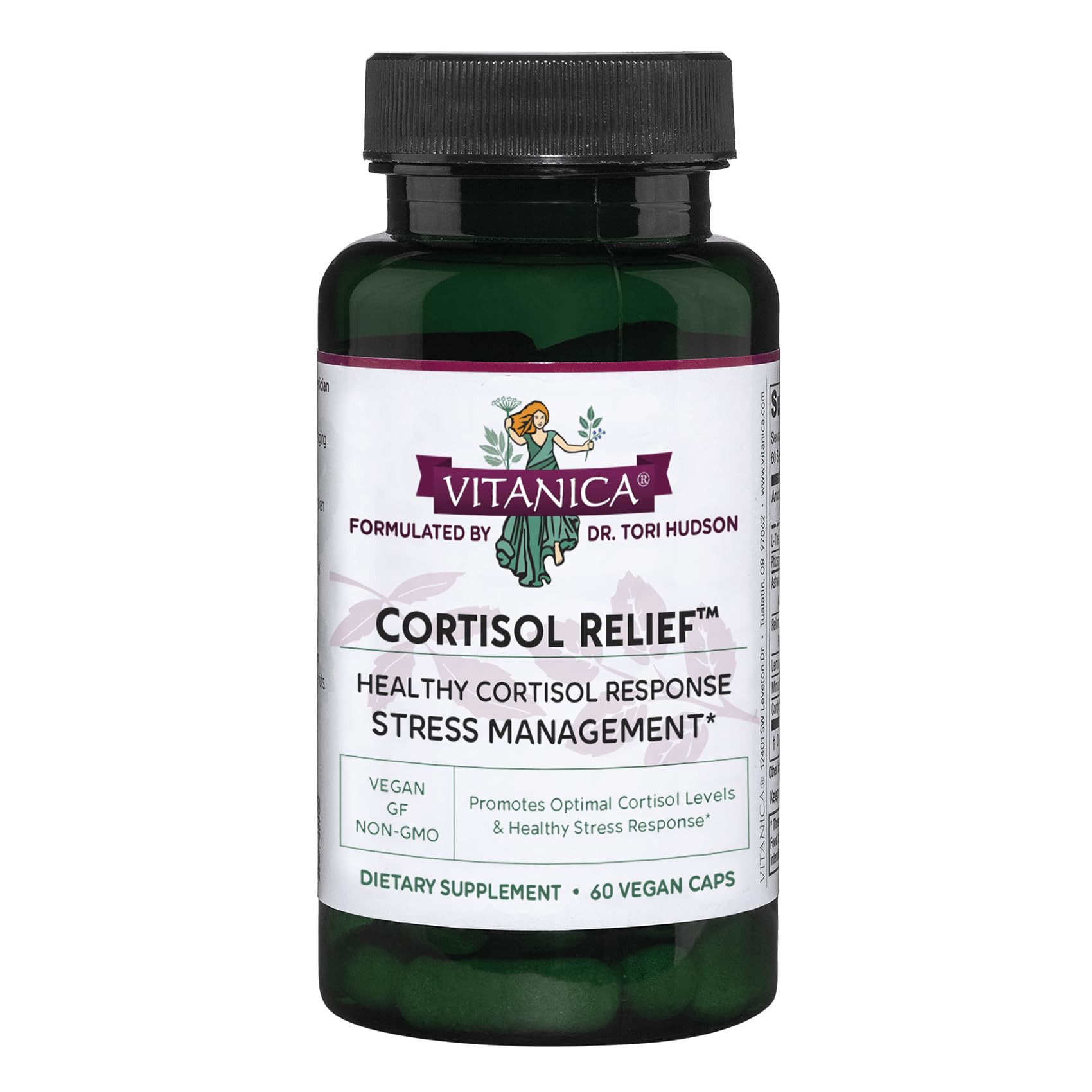 Vitanica Cortisol Relief bottle for daily stress support.