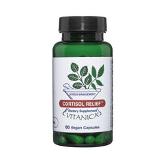 Vitanica Cortisol Relief bottle for daily stress support and sleep-ready routine.